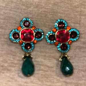 Vibrant Multi-Color Crystal Drop Earrings - Pink, Teal & Orange